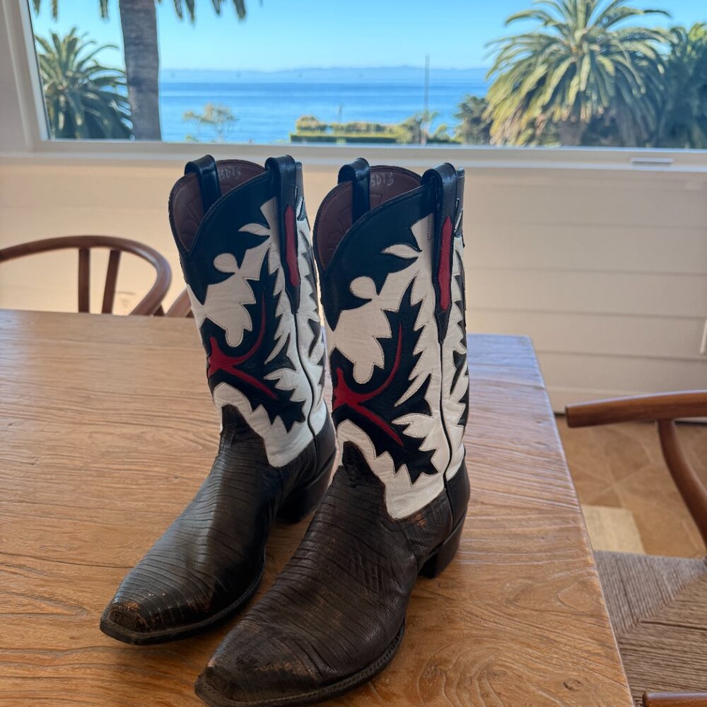 Burns Cowboy Boots Grey Distressed Lizard White Detail Women’s 11 / Men’s 9.5 D - Picture 7 of 7